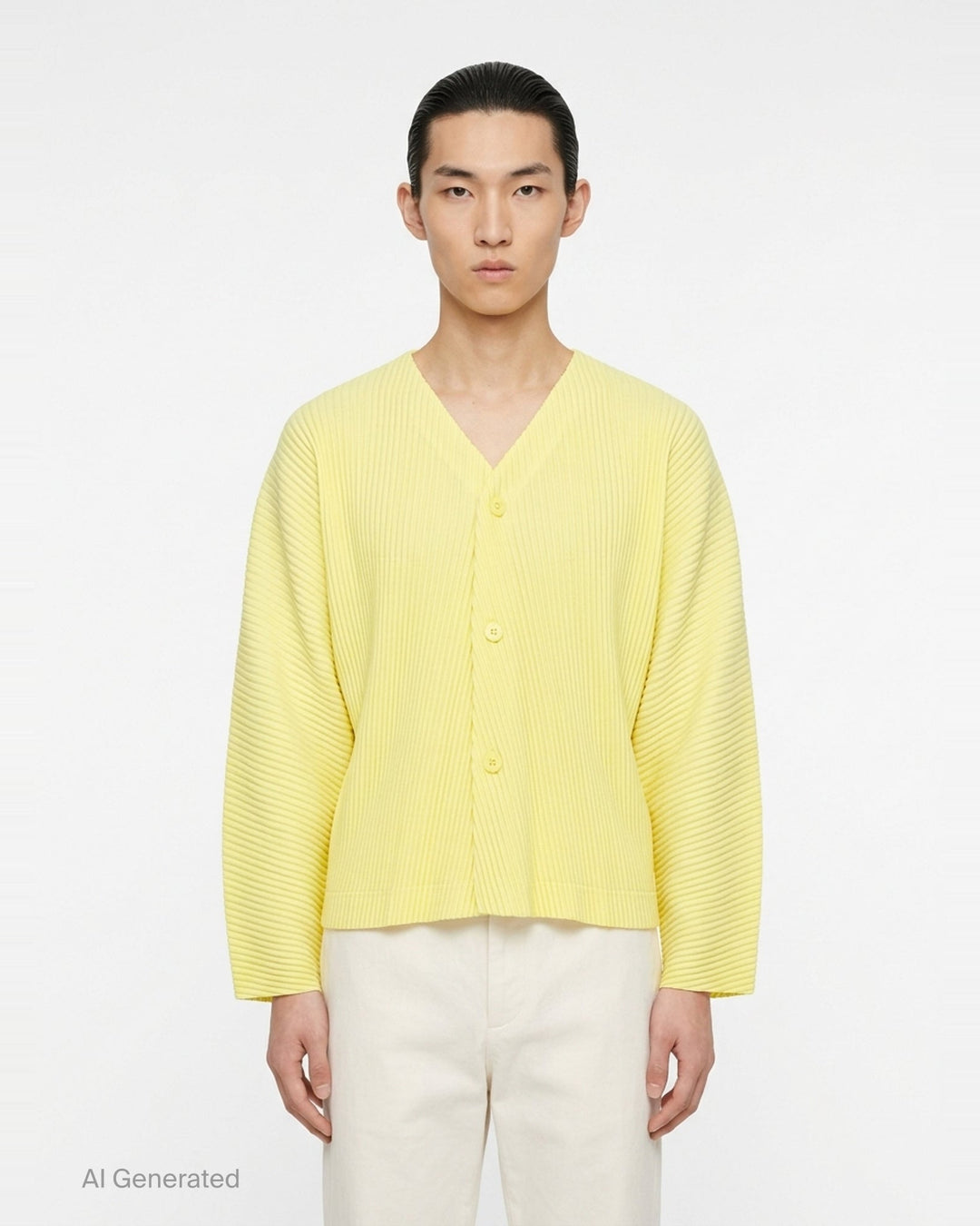 Homme Plissé Issey Miyake Slash Pleated Cardigan in olive green, featuring signature micro-pleating, V-neckline, and tonal button front closure - front