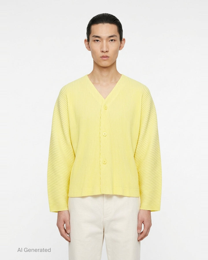 Homme Plissé Issey Miyake Slash Pleated Cardigan in olive green, featuring signature micro-pleating, V-neckline, and tonal button front closure - front
