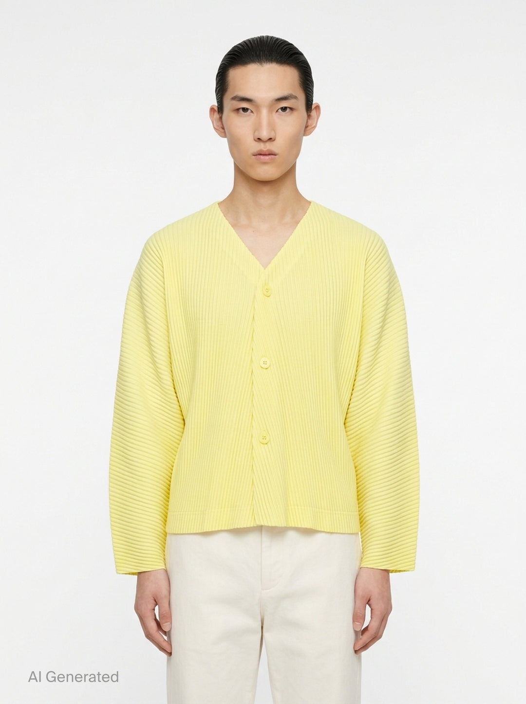 Homme Plissé Issey Miyake Slash Pleated Cardigan in olive green, featuring signature micro-pleating, V-neckline, and tonal button front closure - front