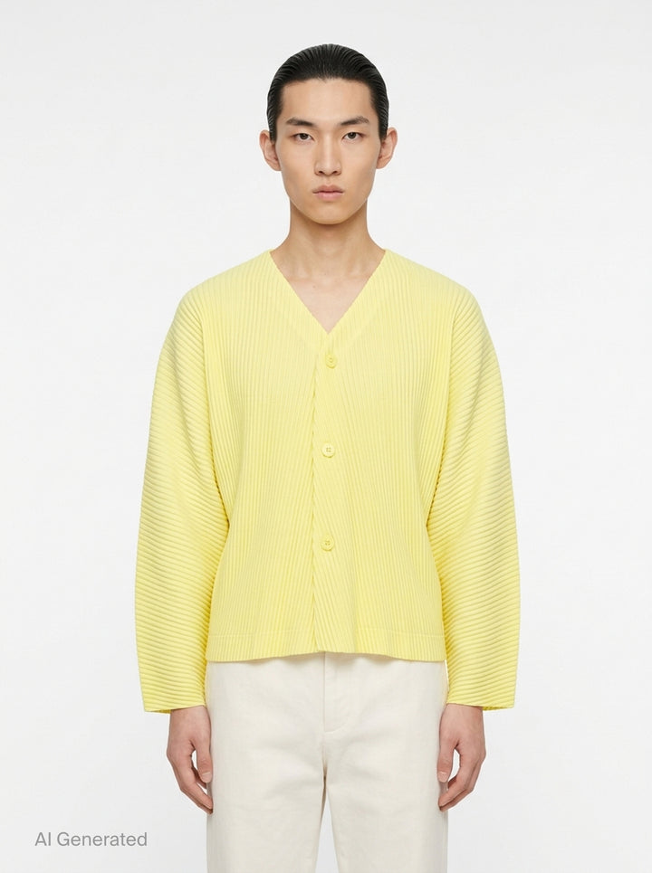 Homme Plissé Issey Miyake Slash Pleated Cardigan in olive green, featuring signature micro-pleating, V-neckline, and tonal button front closure - front