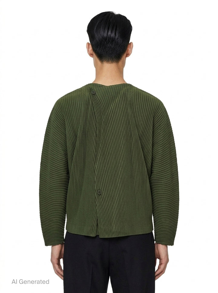 Homme Plissé Issey Miyake Slash Pleated Cardigan in olive green, featuring signature micro-pleating, V-neckline, and tonal button front closure - back