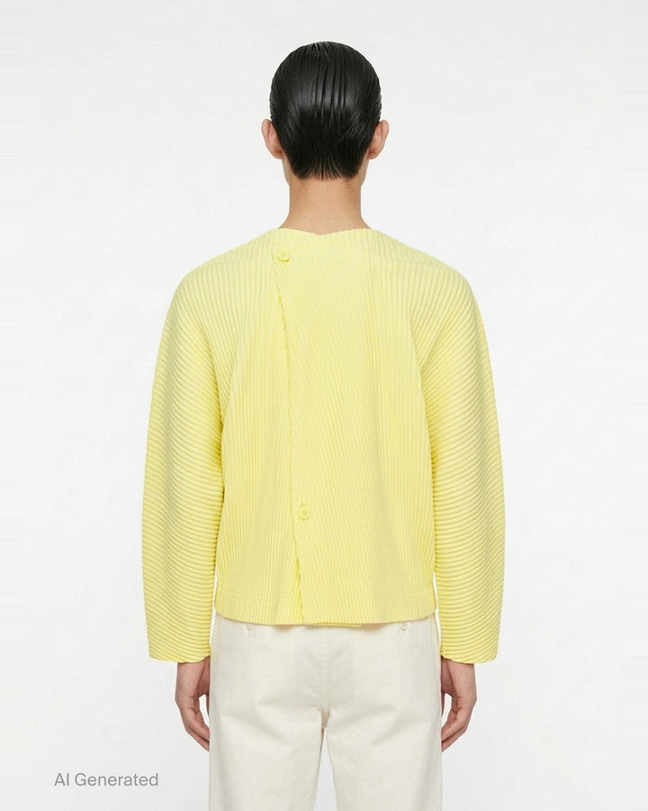 Homme Plissé Issey Miyake Slash Pleated Cardigan in olive green, featuring signature micro-pleating, V-neckline, and tonal button front closure - back