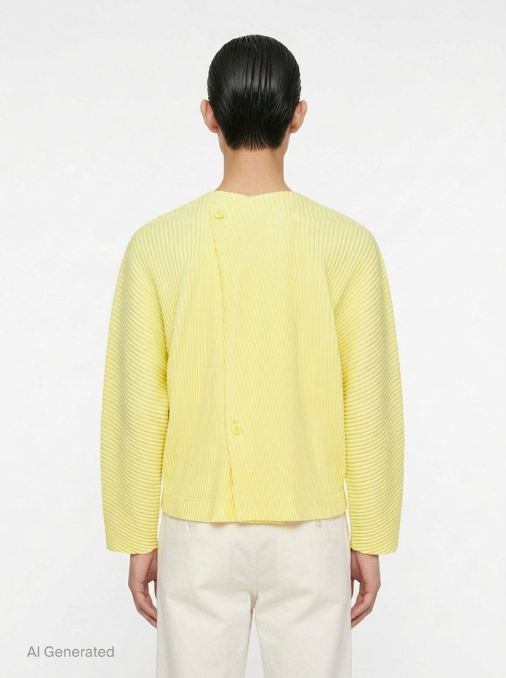 Homme Plissé Issey Miyake Slash Pleated Cardigan in olive green, featuring signature micro-pleating, V-neckline, and tonal button front closure - back