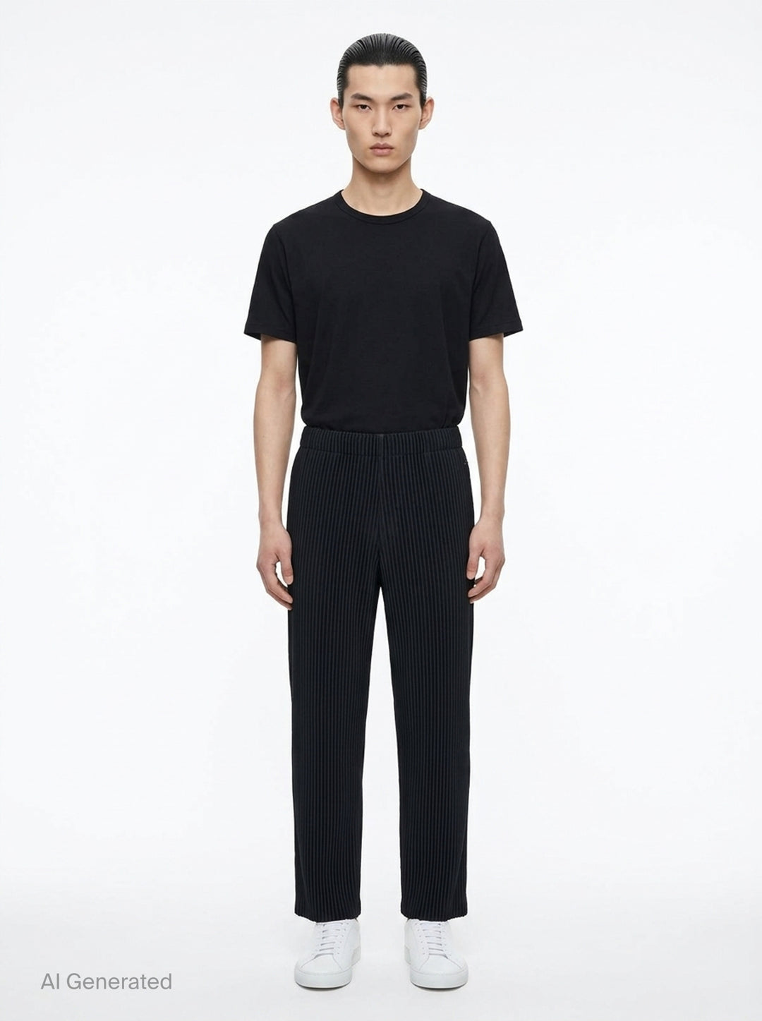 Homme Plissé Issey Miyake Slash Pleated Pants in olive green with signature diagonal micro-pleat construction and elastic waistband, relaxed tapered silhouette - front