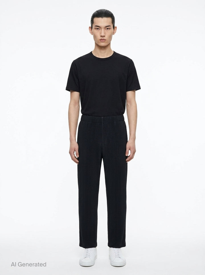 Homme Plissé Issey Miyake Slash Pleated Pants in olive green with signature diagonal micro-pleat construction and elastic waistband, relaxed tapered silhouette - front
