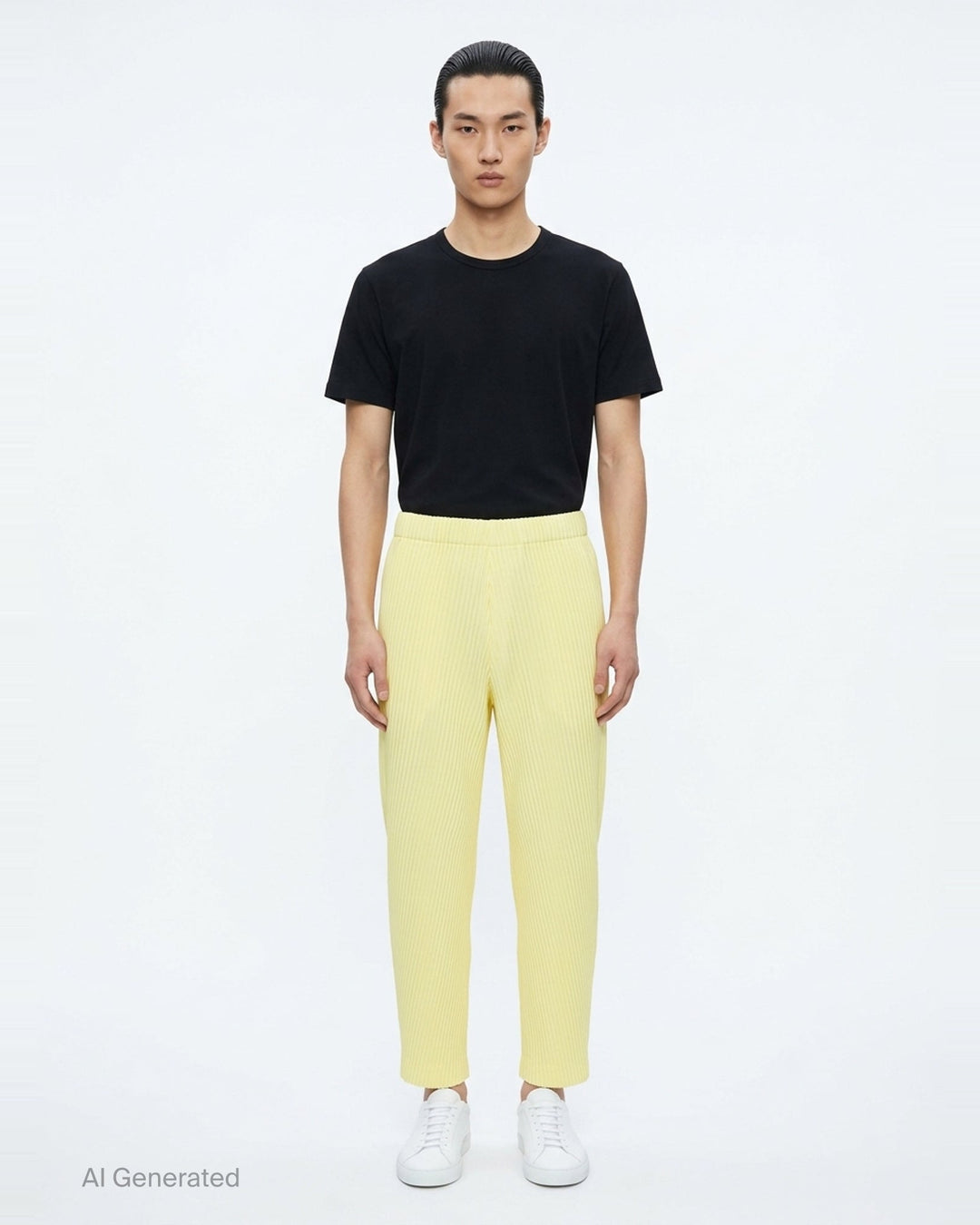 Homme Plissé Issey Miyake Slash Pleated Pants in olive green with signature diagonal micro-pleat construction and elastic waistband, relaxed tapered silhouette - front