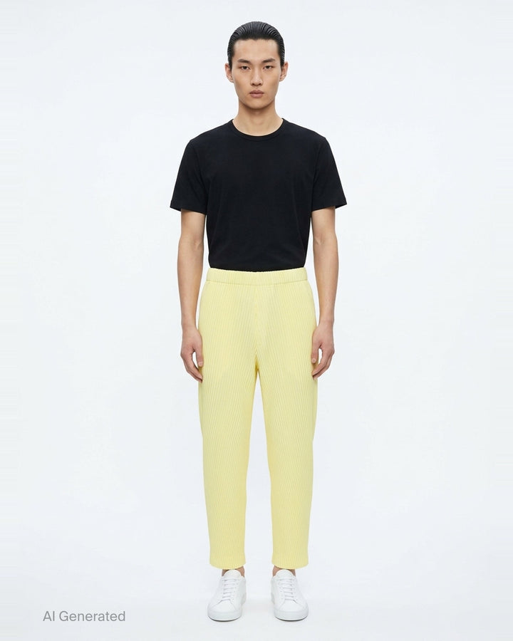 Homme Plissé Issey Miyake Slash Pleated Pants in olive green with signature diagonal micro-pleat construction and elastic waistband, relaxed tapered silhouette - front