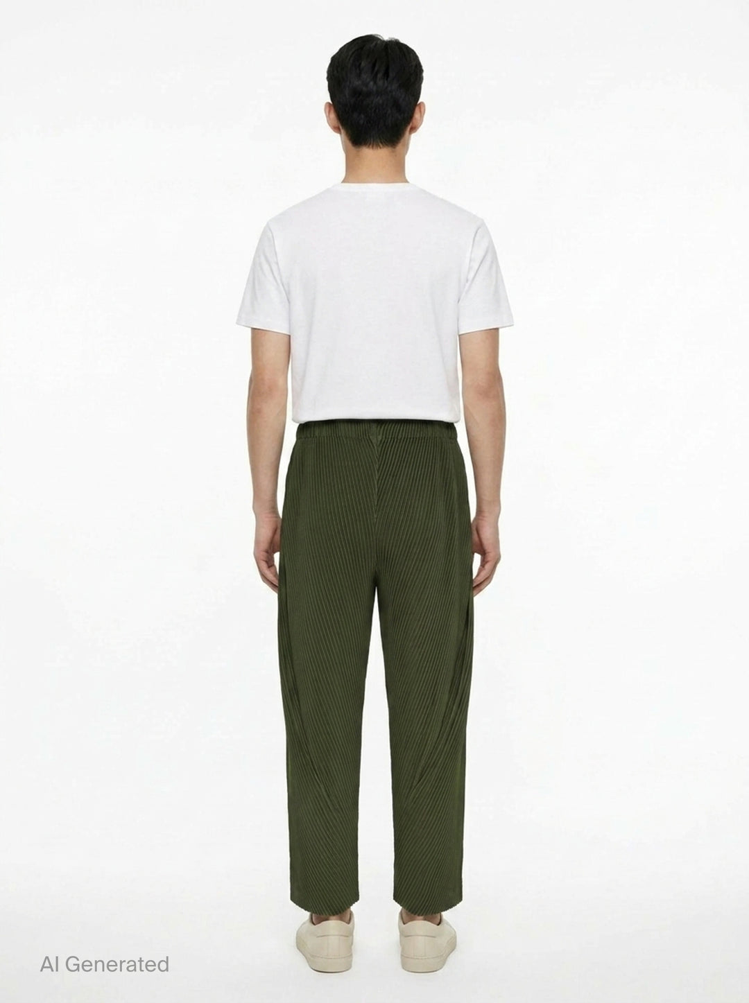 Homme Plissé Issey Miyake Slash Pleated Pants in olive green with signature diagonal micro-pleat construction and elastic waistband, relaxed tapered silhouette - back