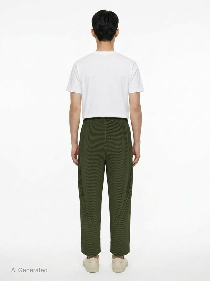 Homme Plissé Issey Miyake Slash Pleated Pants in olive green with signature diagonal micro-pleat construction and elastic waistband, relaxed tapered silhouette - back