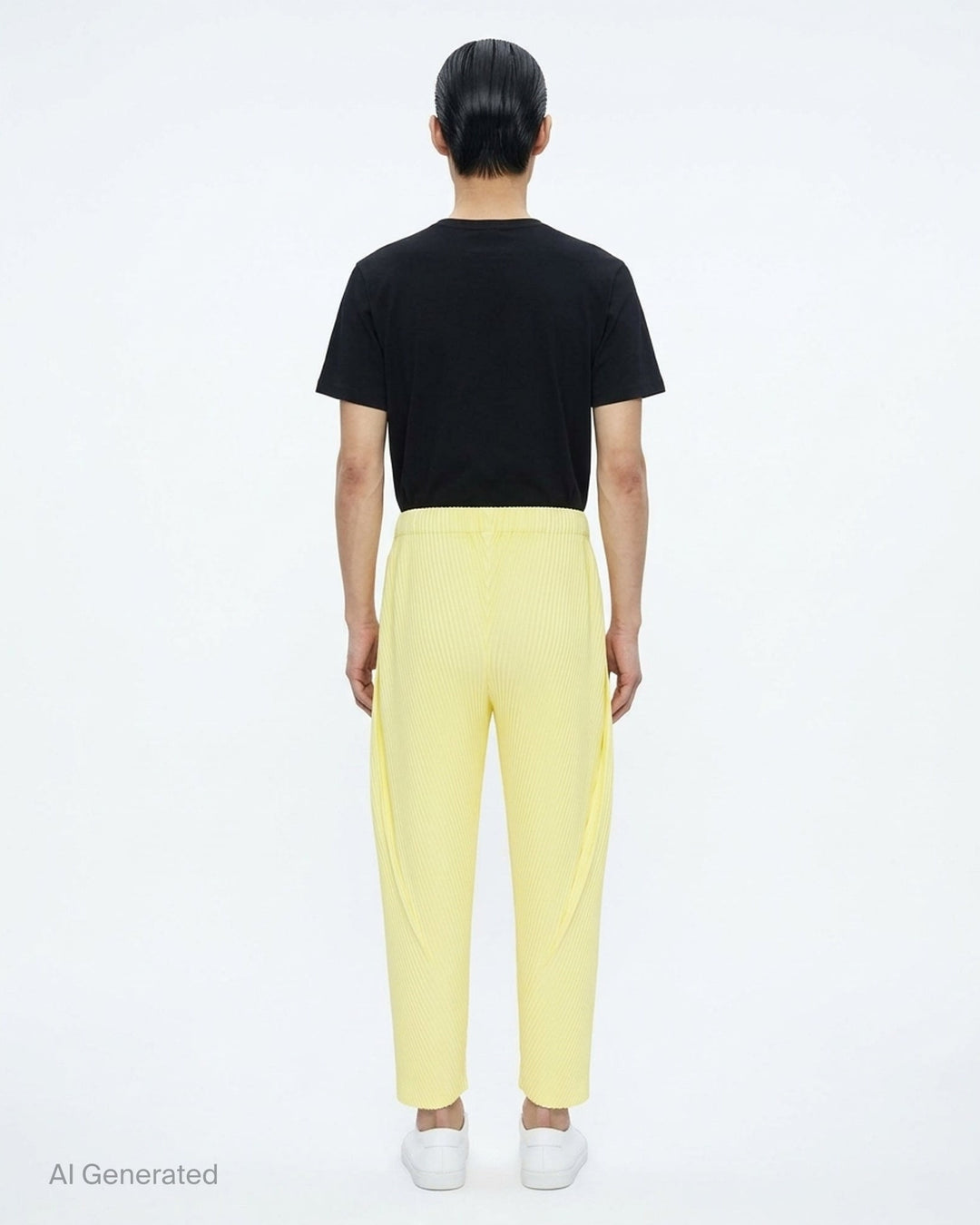 Homme Plissé Issey Miyake Slash Pleated Pants in olive green with signature diagonal micro-pleat construction and elastic waistband, relaxed tapered silhouette - back