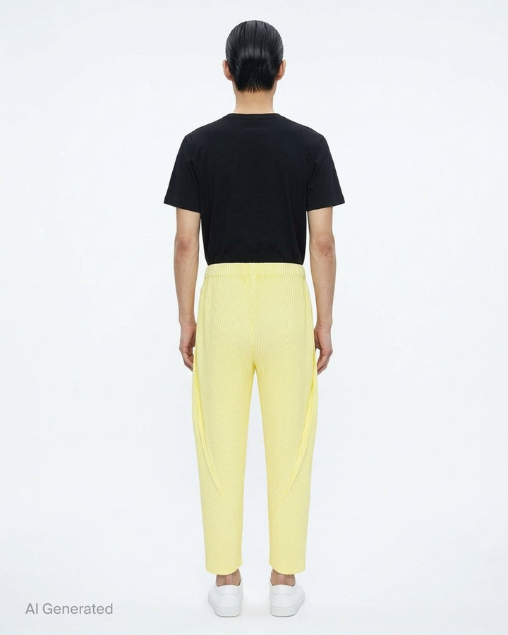 Homme Plissé Issey Miyake Slash Pleated Pants in olive green with signature diagonal micro-pleat construction and elastic waistband, relaxed tapered silhouette - back