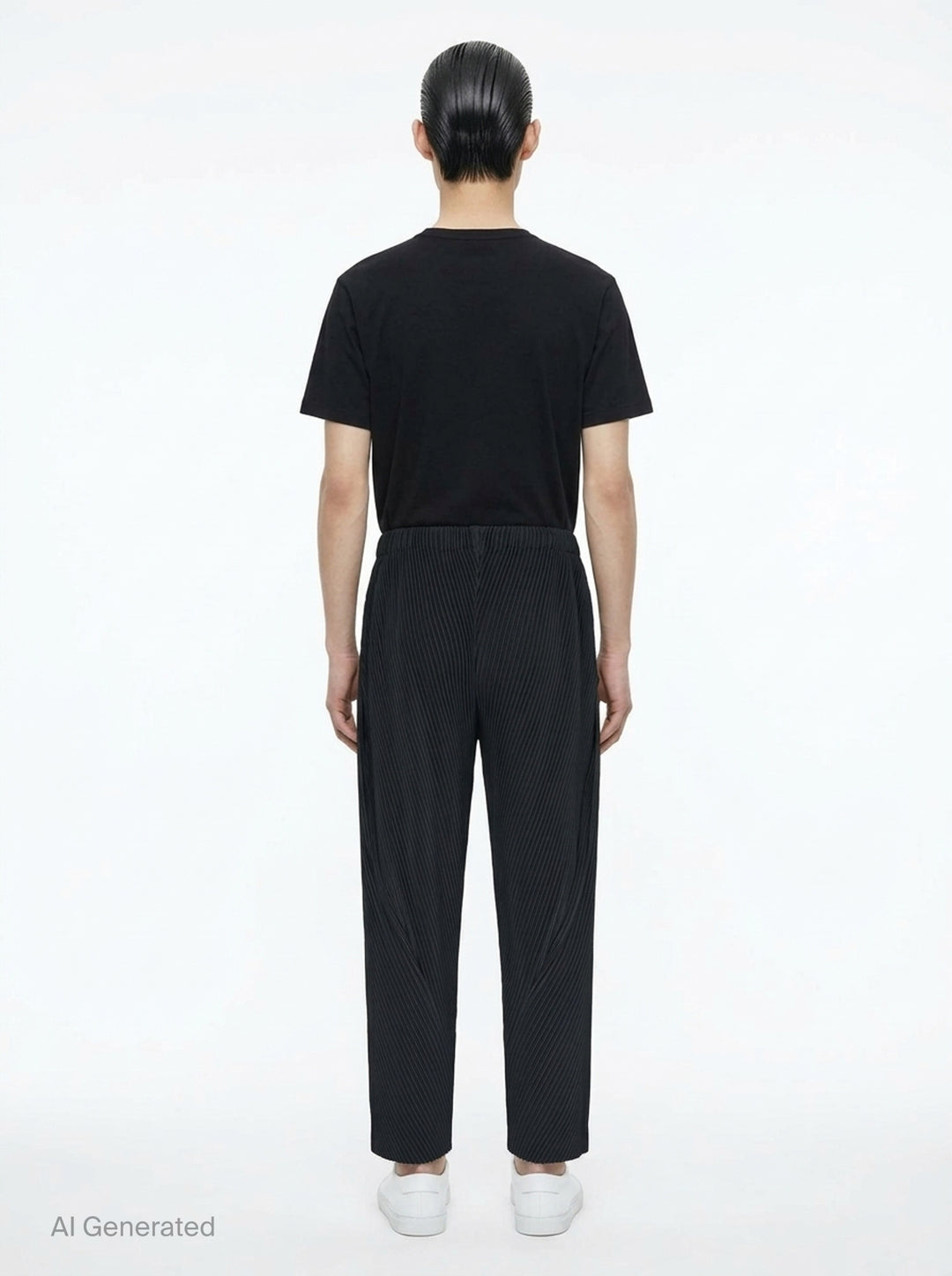 Homme Plissé Issey Miyake Slash Pleated Pants in olive green with signature diagonal micro-pleat construction and elastic waistband, relaxed tapered silhouette - back