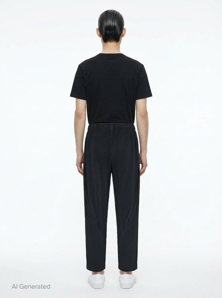 Homme Plissé Issey Miyake Slash Pleated Pants in olive green with signature diagonal micro-pleat construction and elastic waistband, relaxed tapered silhouette - back