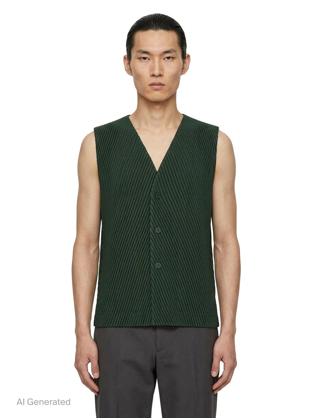 Homme Plissé Issey Miyake Slash Pleated Vest in black, featuring a chevron V-formation pleat pattern, V-neckline, and tonal button-front placket, displayed flat on a white background - front