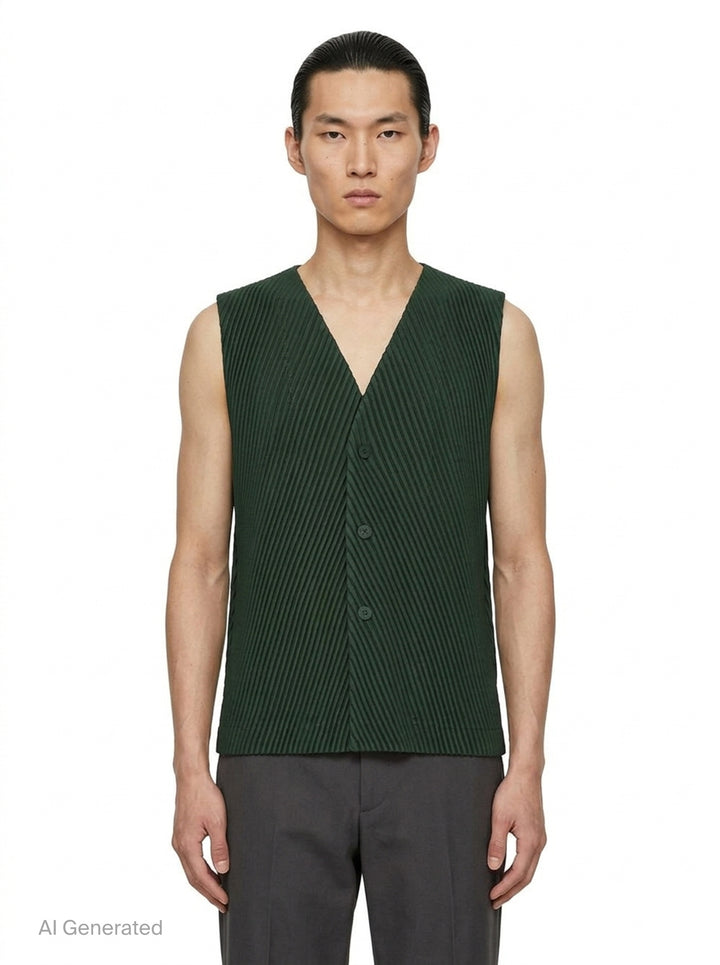 Homme Plissé Issey Miyake Slash Pleated Vest in black, featuring a chevron V-formation pleat pattern, V-neckline, and tonal button-front placket, displayed flat on a white background - front