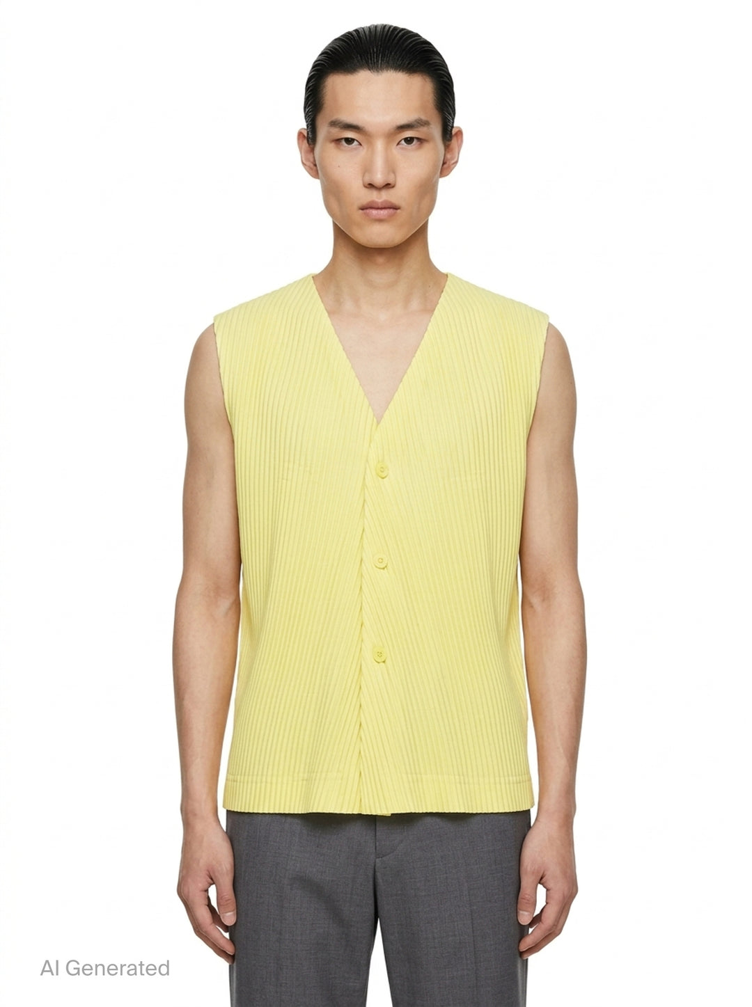 Homme Plissé Issey Miyake Slash Pleated Vest in black, featuring a chevron V-formation pleat pattern, V-neckline, and tonal button-front placket, displayed flat on a white background - front