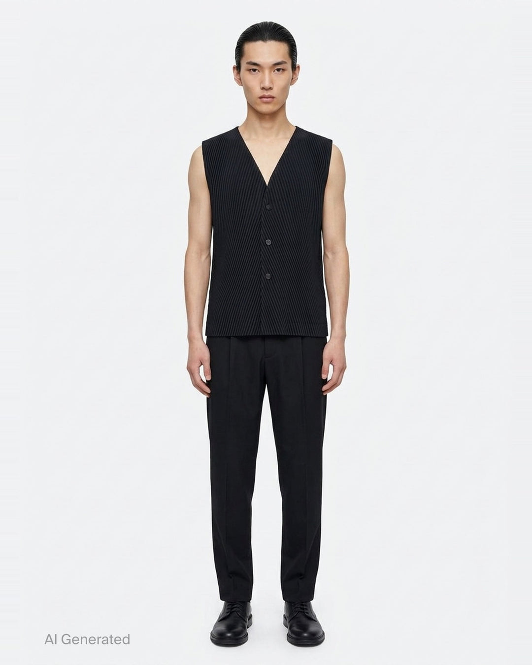 Homme Plissé Issey Miyake Slash Pleated Vest in black, featuring a chevron V-formation pleat pattern, V-neckline, and tonal button-front placket, displayed flat on a white background - front