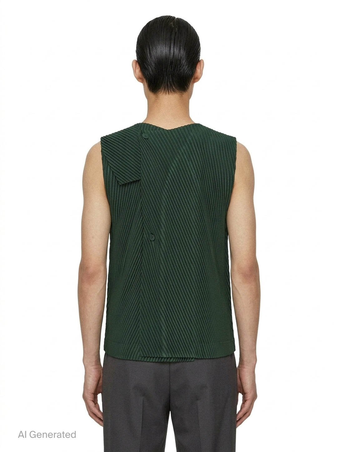 Homme Plissé Issey Miyake Slash Pleated Vest in black, featuring a chevron V-formation pleat pattern, V-neckline, and tonal button-front placket, displayed flat on a white background - back