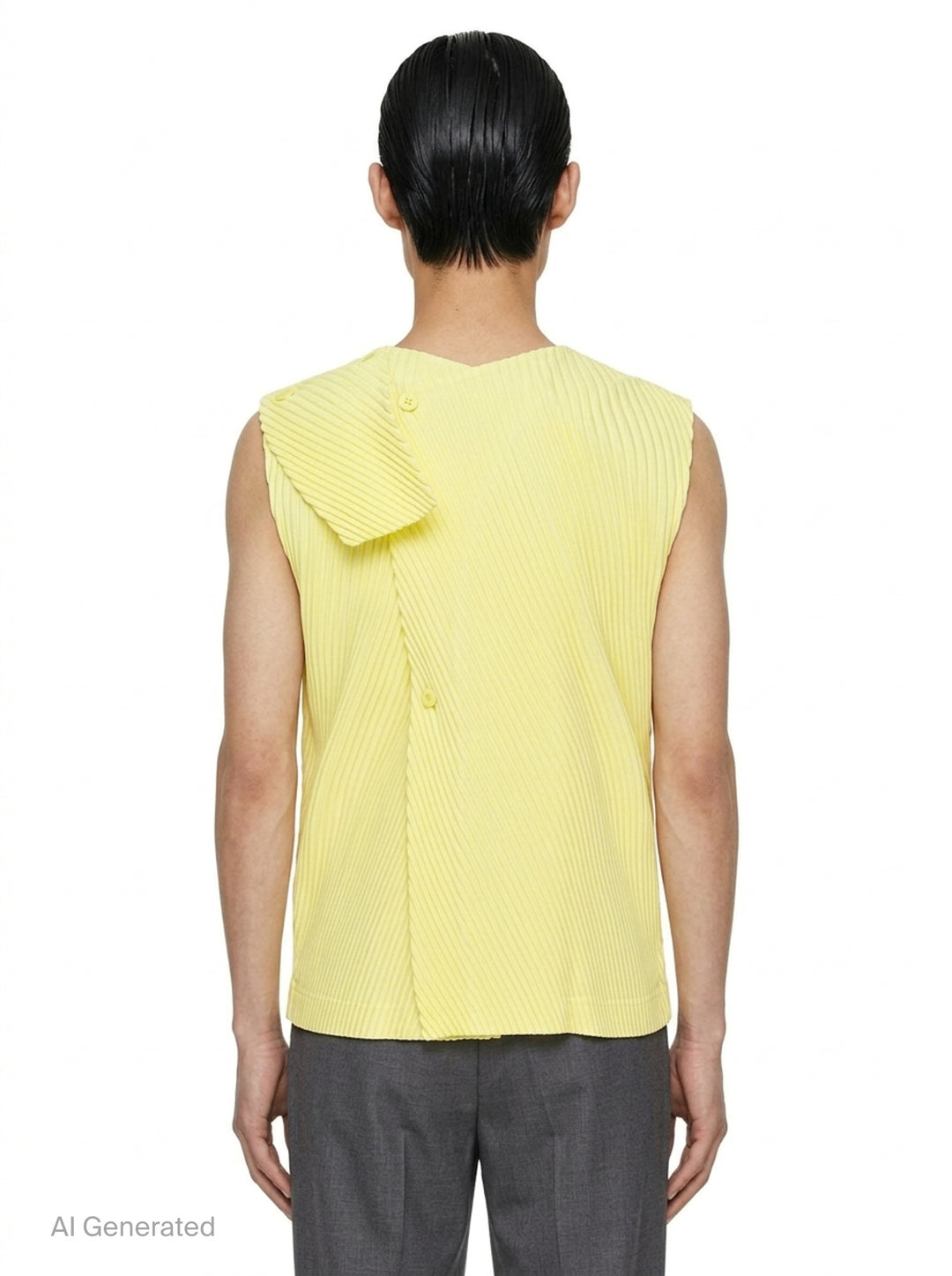 Homme Plissé Issey Miyake Slash Pleated Vest in black, featuring a chevron V-formation pleat pattern, V-neckline, and tonal button-front placket, displayed flat on a white background - back