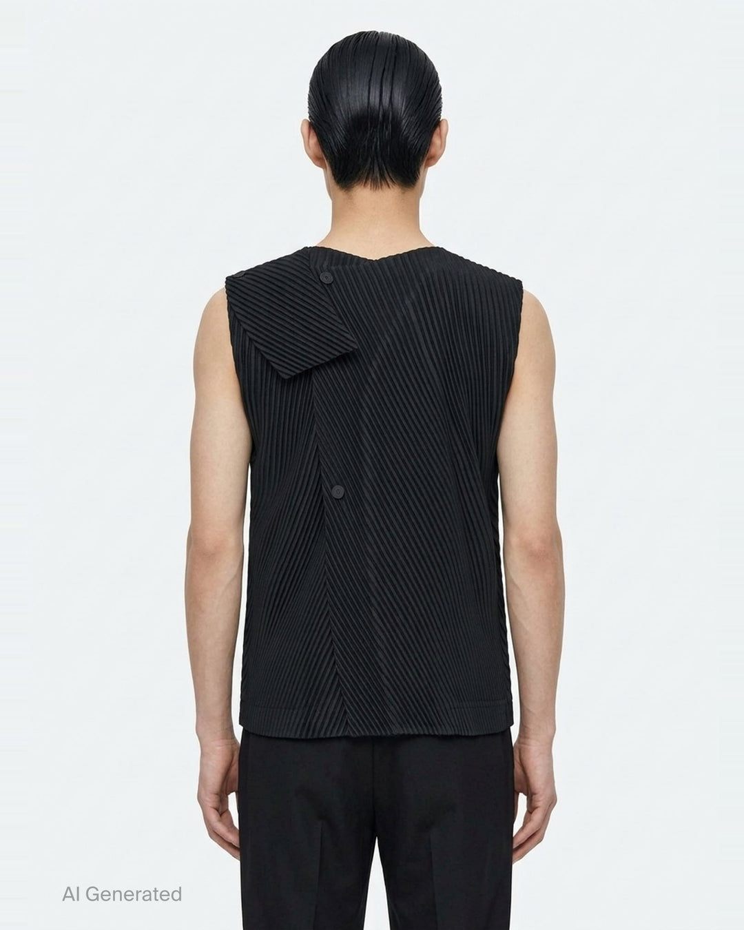 Homme Plissé Issey Miyake Slash Pleated Vest in black, featuring a chevron V-formation pleat pattern, V-neckline, and tonal button-front placket, displayed flat on a white background - back