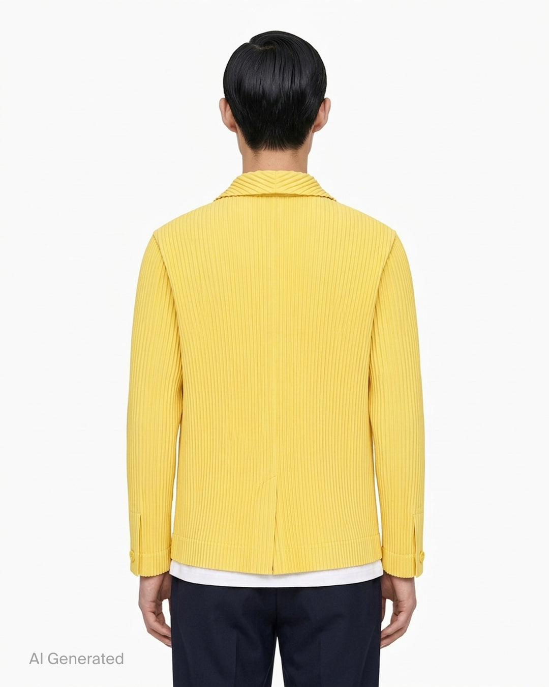 Homme Plissé Issey Miyake Tailored Pleats 2 yellow pleated jacket with notched lapels and two-button front, shown front view - back