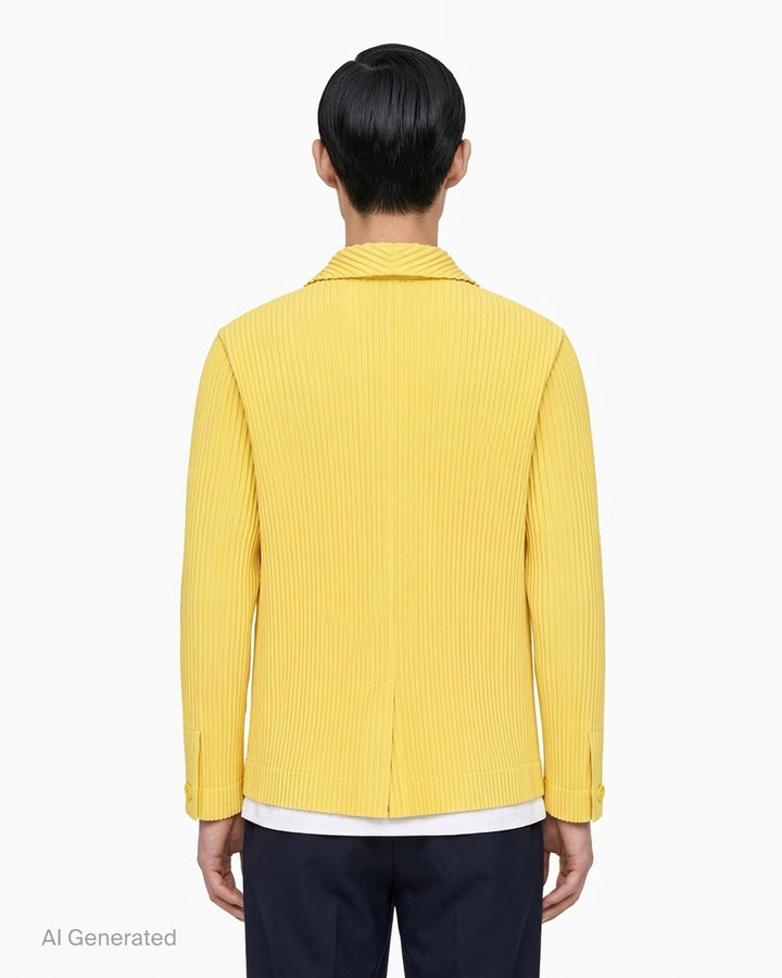Homme Plissé Issey Miyake Tailored Pleats 2 yellow pleated jacket with notched lapels and two-button front, shown front view - back