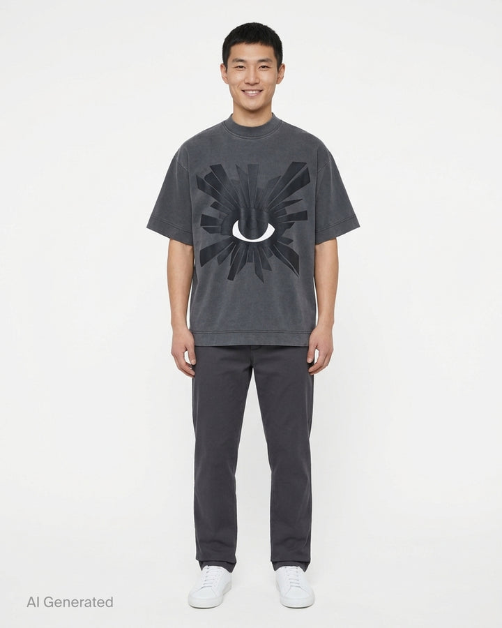House of Errors All Seeing T-Shirt in washed charcoal with a large radiating eye graphic on the chest - front