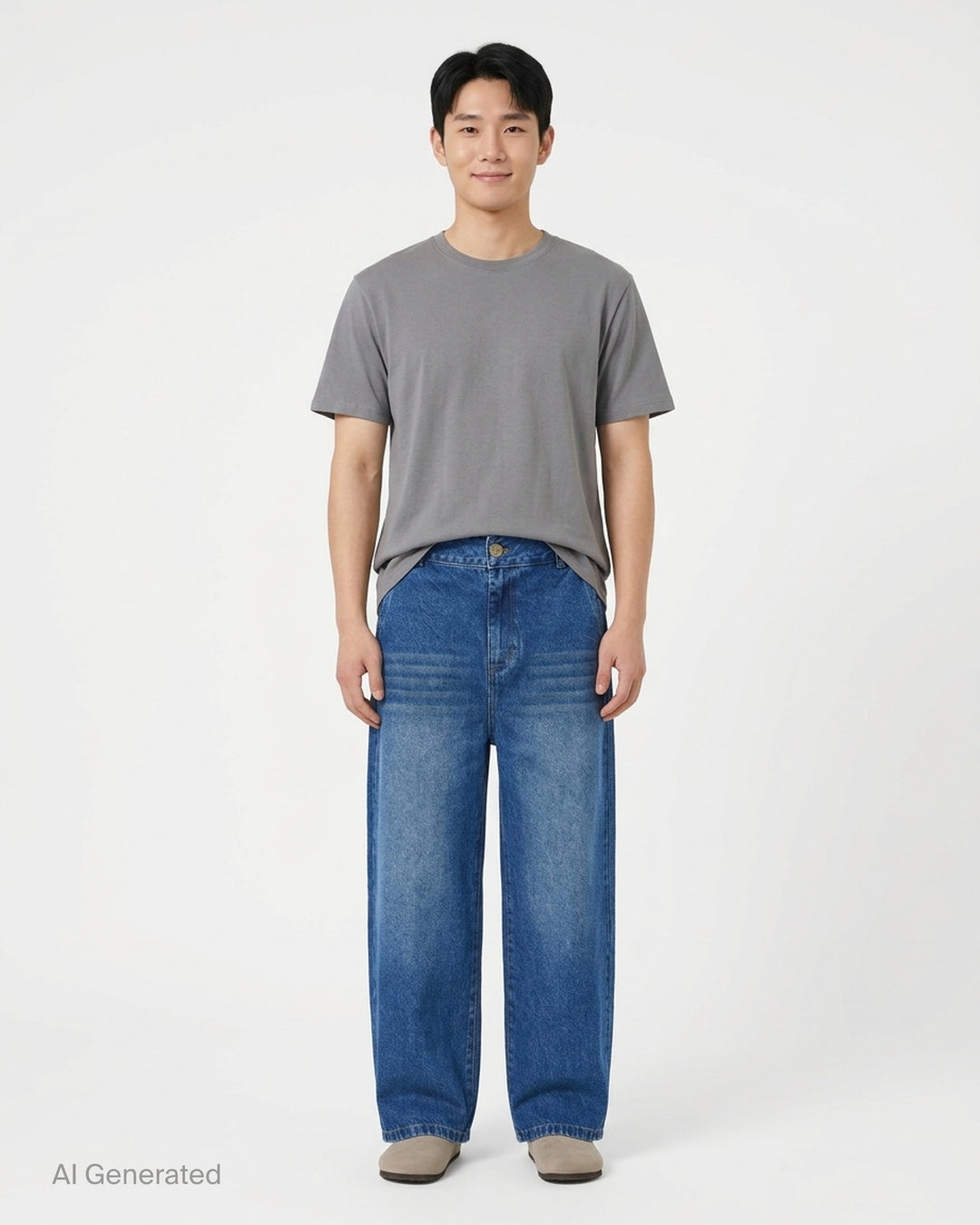 House of Errors Crown Jeans in mid-wash blue denim with whiskered fading, wide-leg cut and gold-tone engraved button, shown flat from the front - front