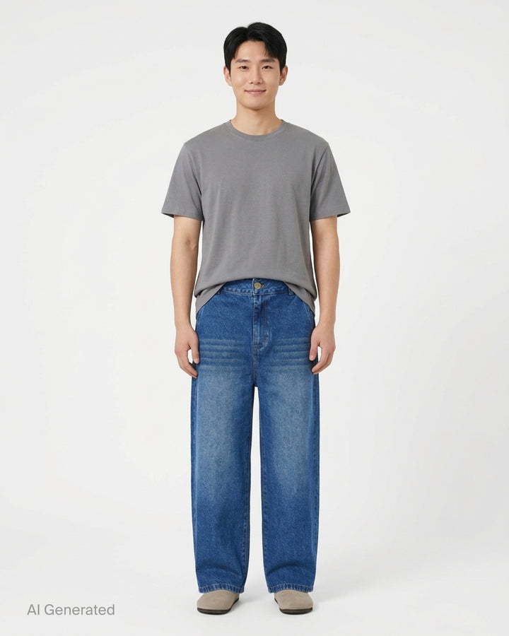 House of Errors Crown Jeans in mid-wash blue denim with whiskered fading, wide-leg cut and gold-tone engraved button, shown flat from the front - front