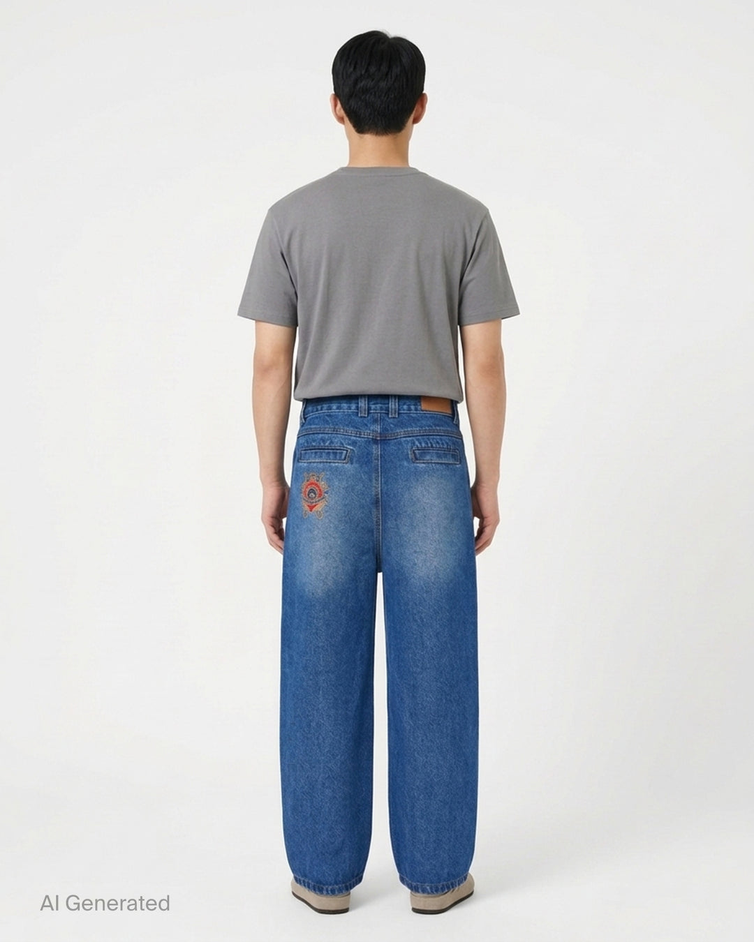 House of Errors Crown Jeans in mid-wash blue denim with whiskered fading, wide-leg cut and gold-tone engraved button, shown flat from the front - back