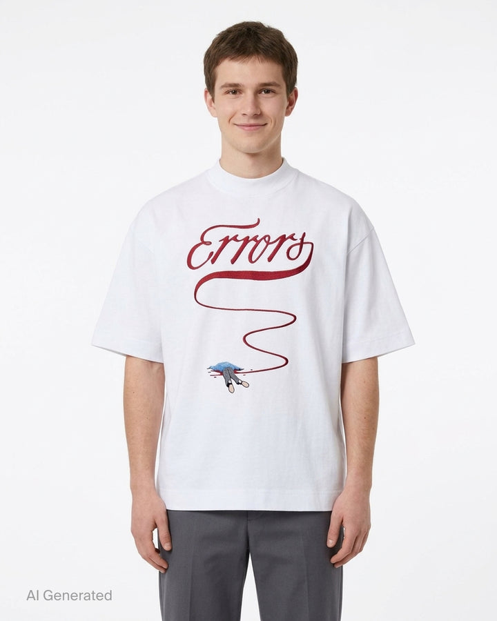 House of Errors Homespun Heavyweight Tee in white with red embroidered script lettering and a small embroidered figure graphic - front