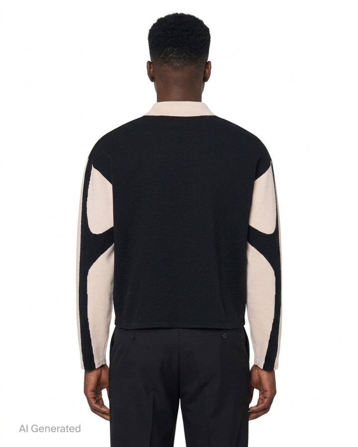 House of Errors Knitted Cat Burglar Rugby Shirt in black with cream panels, polo collar, pearl buttons and chenille script lettering - back