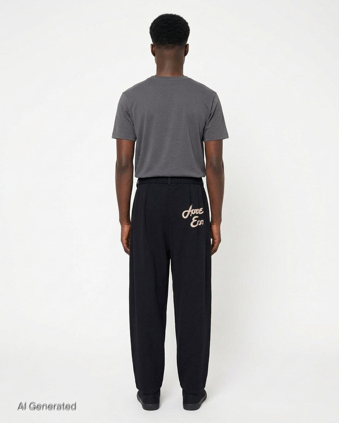 Black knitted pleated wide-leg trousers with a button waistband and a small embroidered cat burglar motif at the hem - back