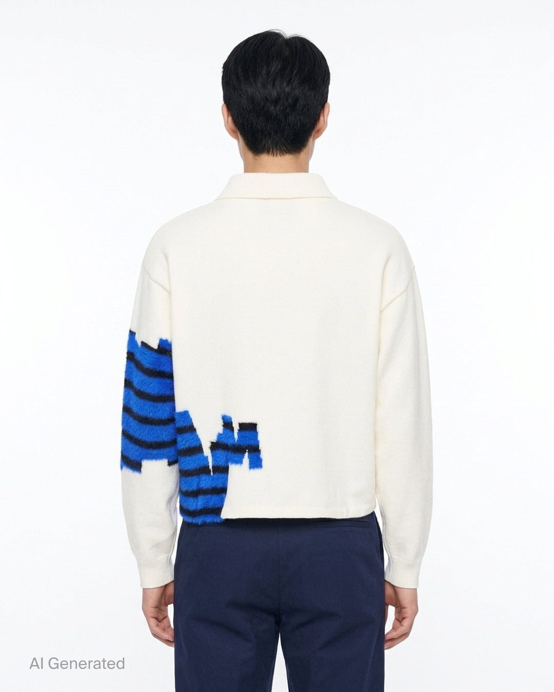 House of Errors ivory knitted rugby polo with an embroidered wall painter on a ladder and a fuzzy blue and black striped mural across the sleeve - back