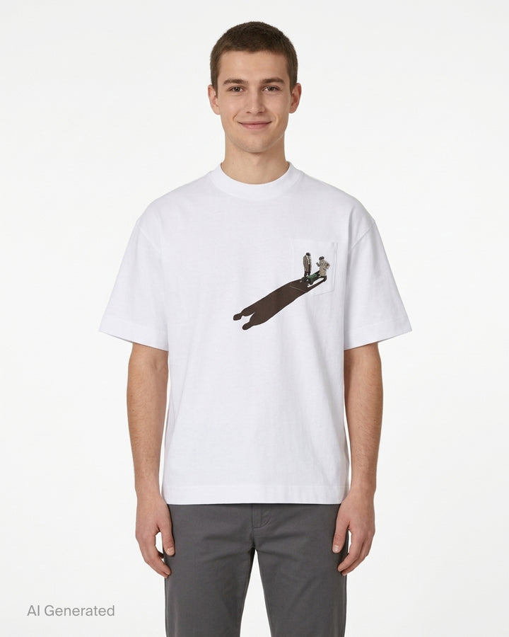 White House of Errors The Body Pocket T-Shirt with an embroidered detective scene on the chest pocket and a long printed shadow across the front - front