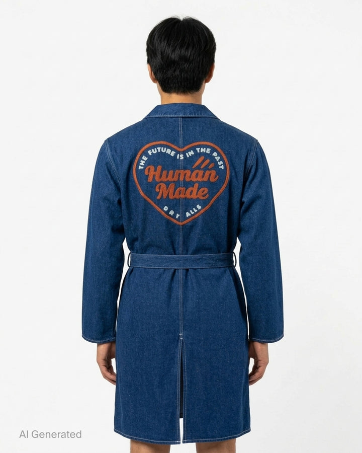 Human Made indigo denim work coat with wrap front, self-tie belt, patch pockets and orange embroidered logo on the chest pocket - back