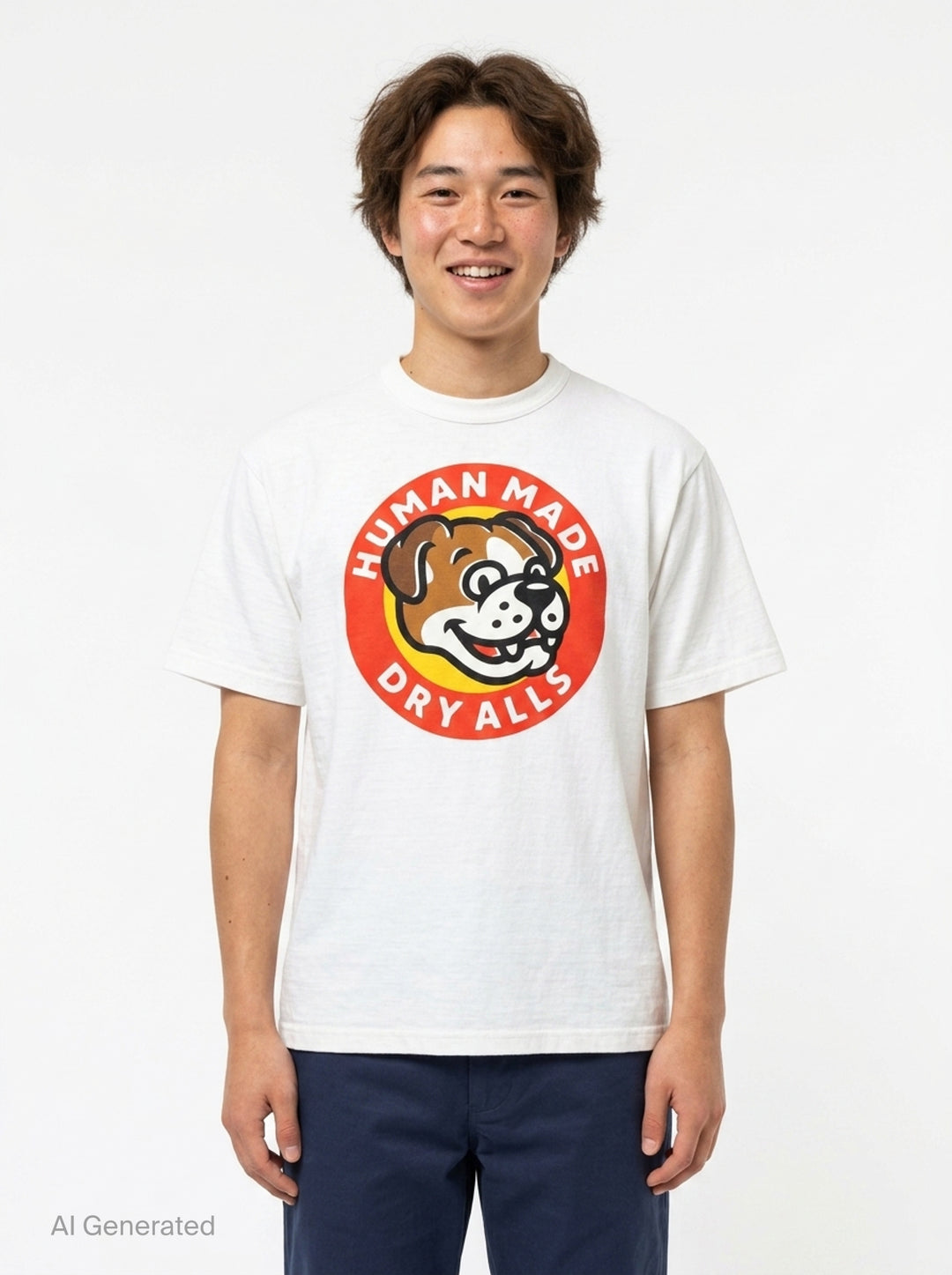 Human Made Dry Alls Graphic Tee in black, featuring a large circular bulldog mascot badge print at the chest with red, yellow, and white detailing - front