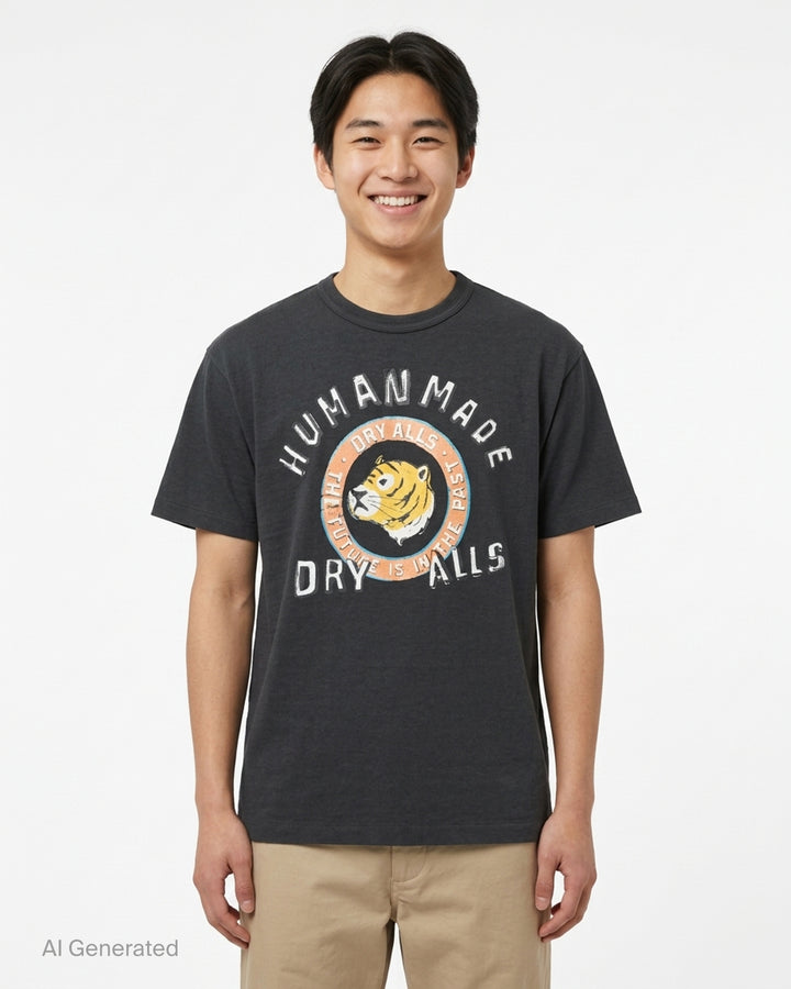 Human Made black short-sleeve graphic t-shirt featuring a tiger head crest, 'Dry Alls' circular slogan and painted-style Human Made lettering on the chest - front