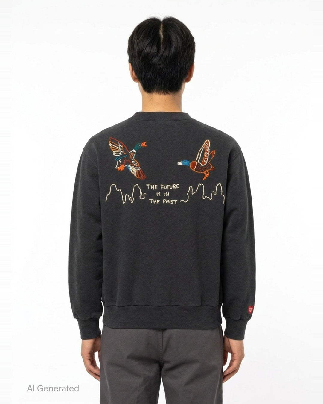 Human Made Embroidered Crewneck Sweatshirt in washed black with multicolour chain-stitch logo lettering across the chest and a heart logo patch on the cuff - back