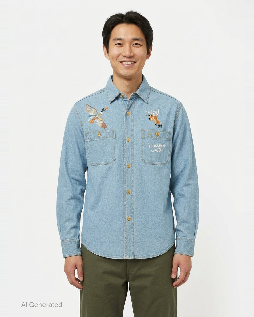 Human Made Embroidered Long Sleeve Chambray Shirt in light-wash denim, featuring a flying duck and deer head embroidery above dual chest pockets, with amber buttons and Human Made script embroidery - front