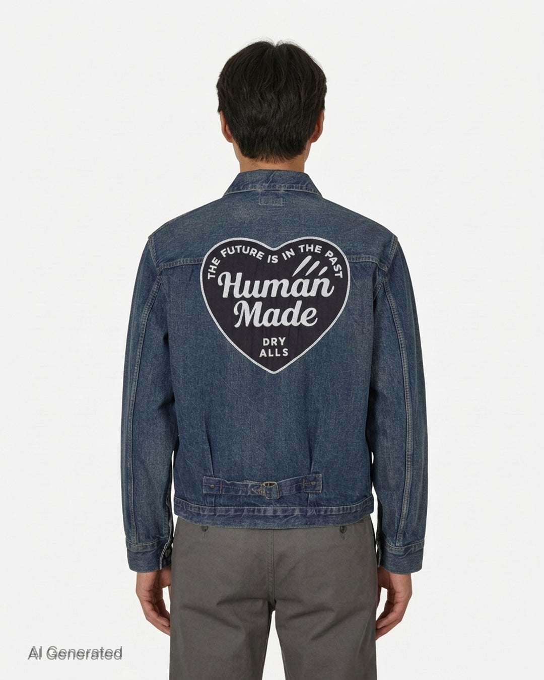 Human Made washed indigo denim work jacket with pleated front, button closure and heart-shaped logo patch on the chest - back