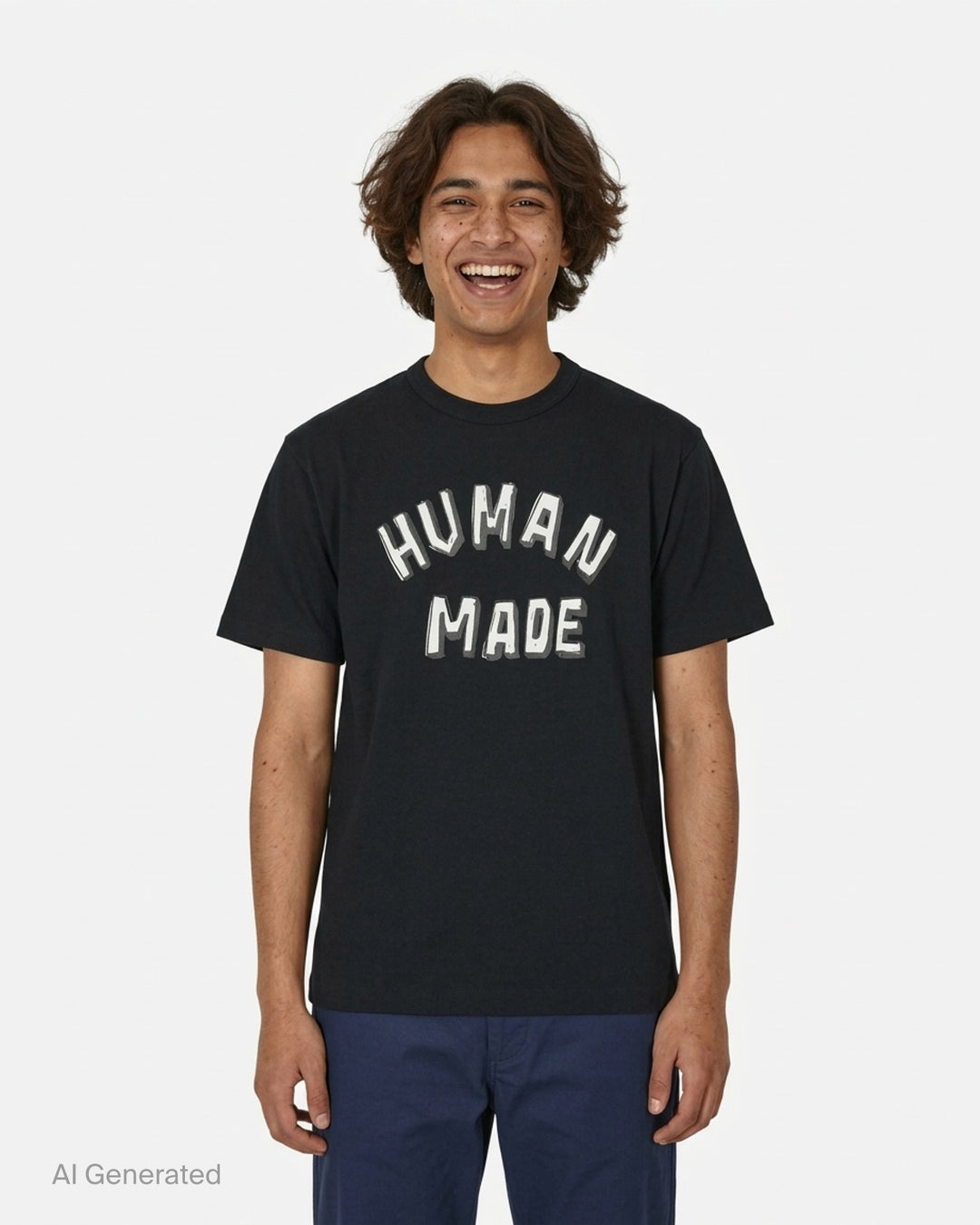 Human Made black short sleeve graphic t-shirt with white and grey hand-drawn arched logo print on the chest - front
