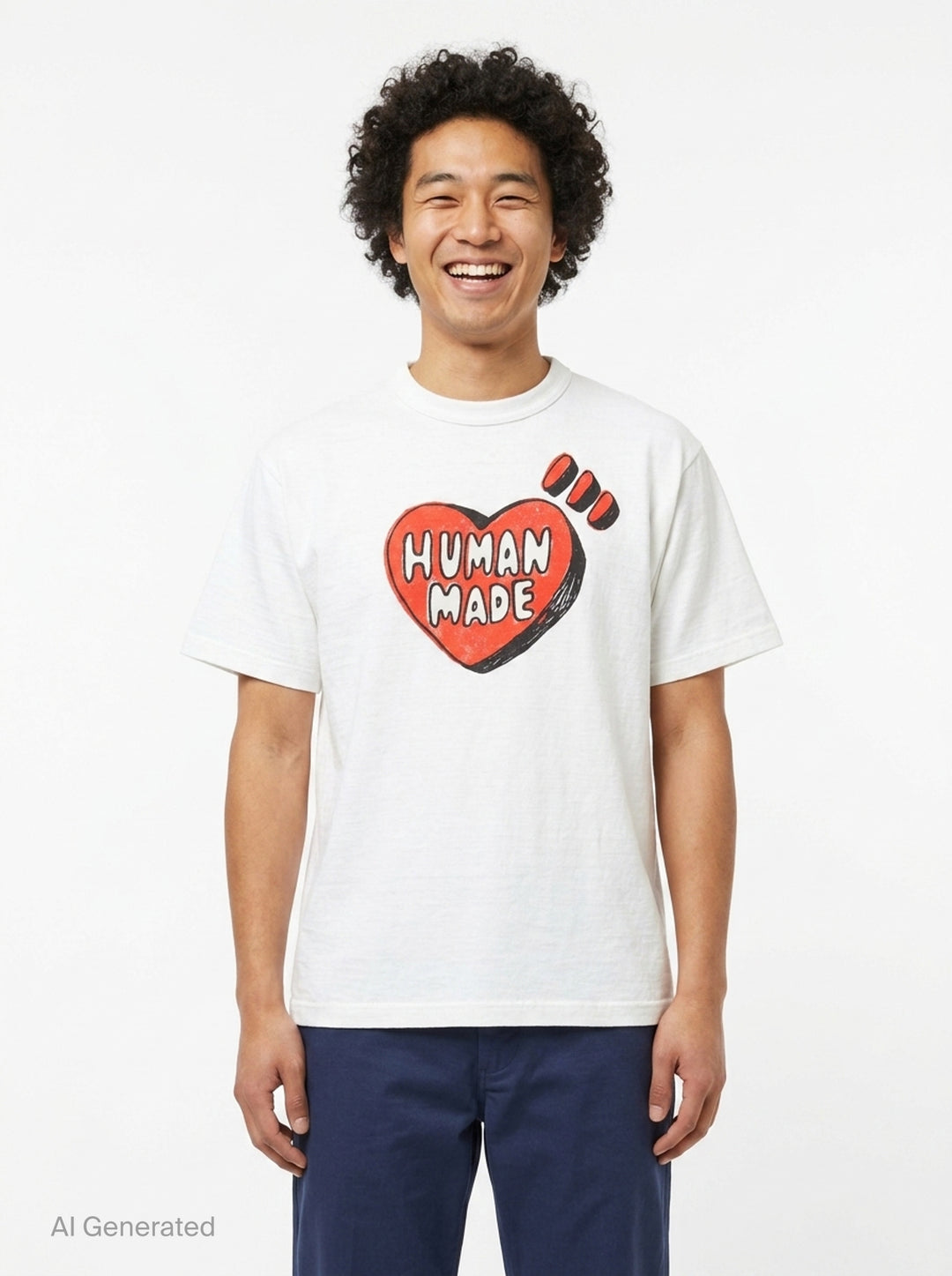 Human Made black short sleeve crew neck t-shirt with a large red hand-drawn heart graphic and 'Human Made' bubble lettering on the chest - front