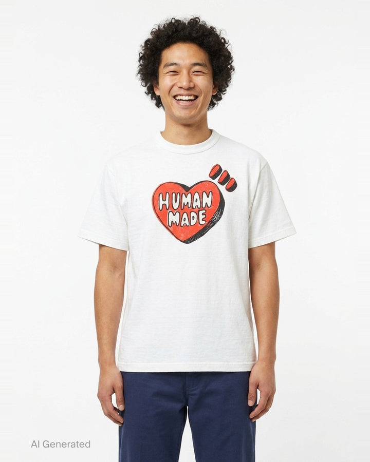 Human Made black short sleeve crew neck t-shirt with a large red hand-drawn heart graphic and 'Human Made' bubble lettering on the chest - front