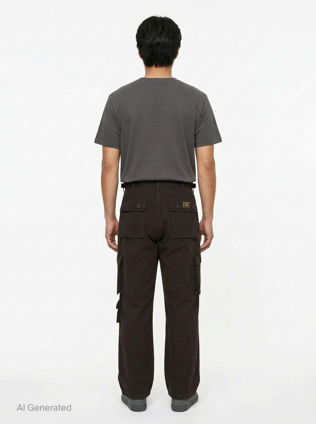 Human Made multi-pocket cargo pants in dark espresso brown, featuring a wide-leg silhouette, buckle waistband, and multiple buttoned utility cargo pockets - back