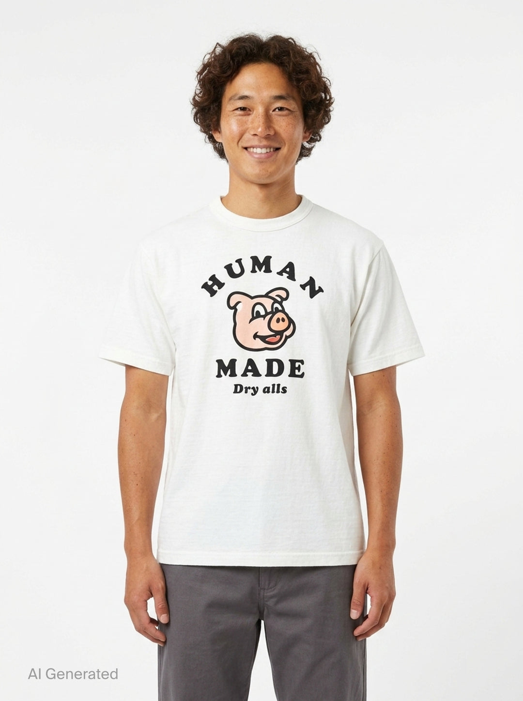 Human Made black short sleeve crew neck tee with smiling pig mascot graphic and arched 'Human Made Dry Alls' slogan print on the chest - front