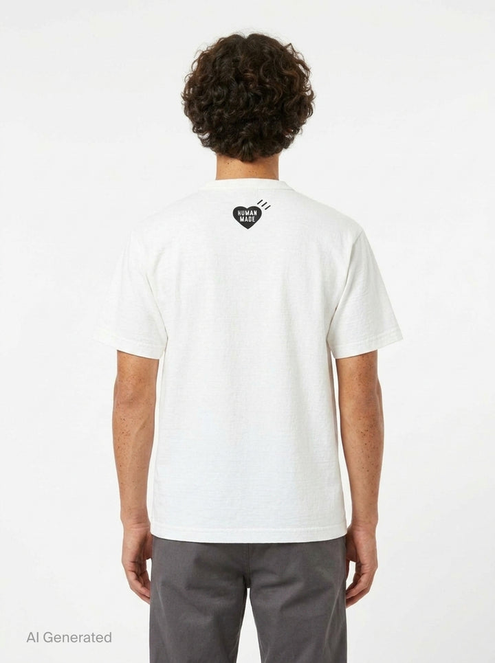 Human Made black short sleeve crew neck tee with smiling pig mascot graphic and arched 'Human Made Dry Alls' slogan print on the chest - back