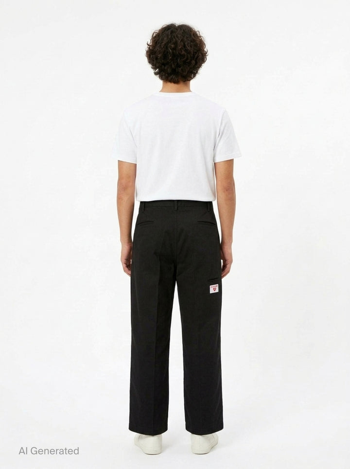 Human Made Skater Wide Leg Pants in black, featuring a high-rise waistband, double front pleats, and a relaxed wide-leg silhouette with stitched crease detail - back