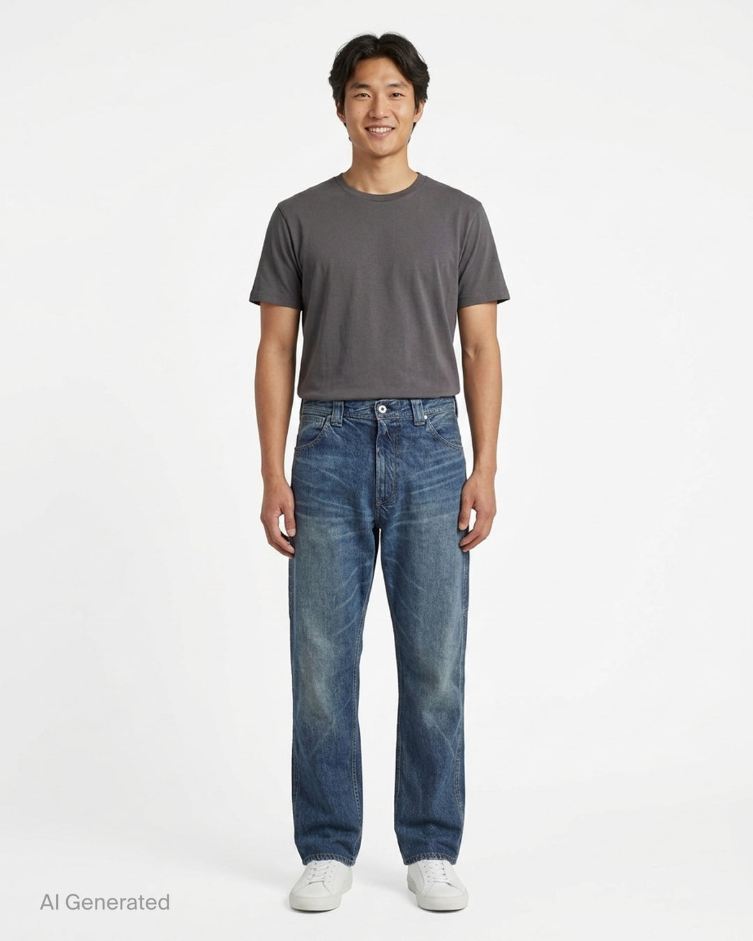 Human Made slim denim pants in a washed mid-indigo finish, shown front-facing with button fly and contrast topstitching - front