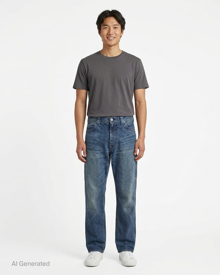 Human Made slim denim pants in a washed mid-indigo finish, shown front-facing with button fly and contrast topstitching - front